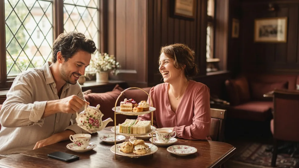 Couple sharing afternoon tea for two in a traditional British pub on a second date after matching on one of the most successful dating apps in the UK