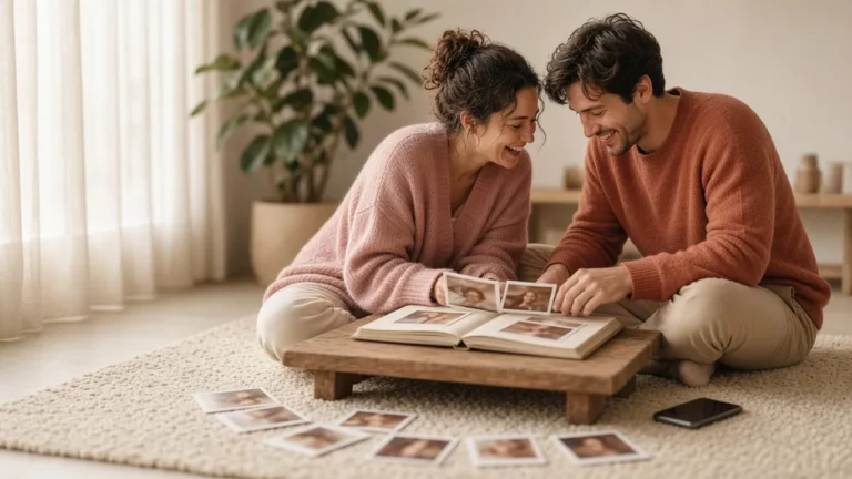 Couple on a living-room rug arranging printed photos into an album, a phone beside them, a relationship that began with an app match