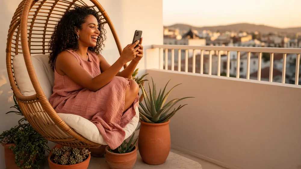 Woman in a hanging rattan chair on a sunny balcony, laughing on a video date with her phone held at eye level