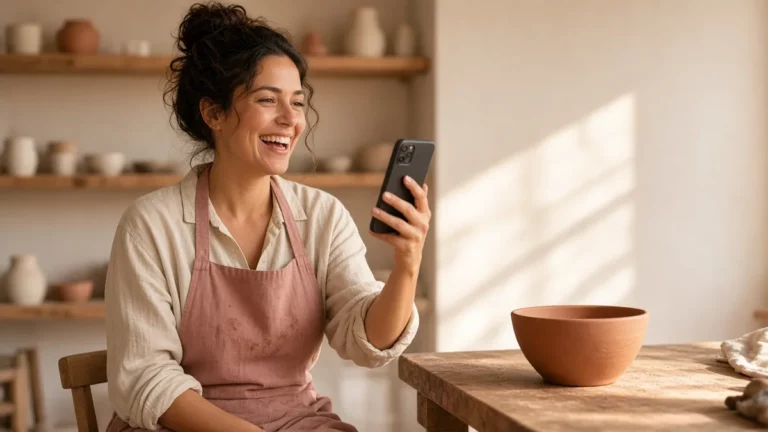 Woman in a sunlit pottery studio smiling during a short video call on her phone, showing how apps for chatting live help before a first date