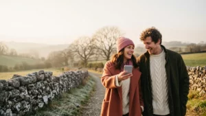 Couple walking a narrow country lane between dry-stone walls and green fields in low autumn sun, one holding a phone