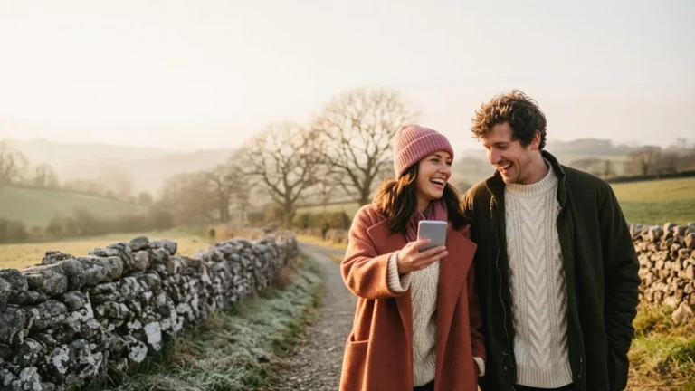Couple walking a narrow country lane between dry-stone walls and green fields in low autumn sun, one holding a phone