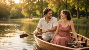 Couple laughing in a small rowing boat on a city lake at golden hour, a phone on the seat, a real first date found through the best dating apps in South Africa