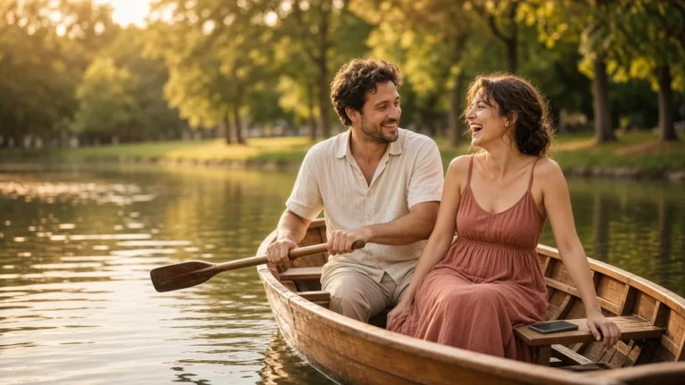 Couple laughing in a small rowing boat on a city lake at golden hour, a phone on the seat, a real first date found through the best dating apps in South Africa