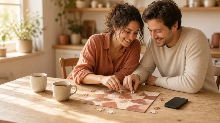 Couple in their 30s fitting the last pieces of a jigsaw puzzle at a sunlit kitchen table, a phone beside them, illustrating the best dating sites for serious relationships in 2026