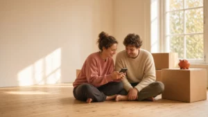 Couple sitting among plain moving boxes in a sunny new flat, planning shared costs on a phone beside a terracotta piggy bank