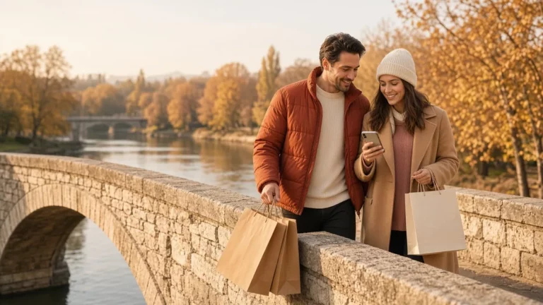 Couple carrying plain paper shopping bags across an old stone footbridge in autumn sun, one checking a phone
