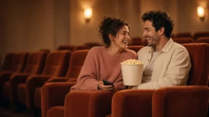Couple laughing in velvet cinema seats sharing popcorn, a phone in her hand, a shared-experience gift for a new relationship in the UK