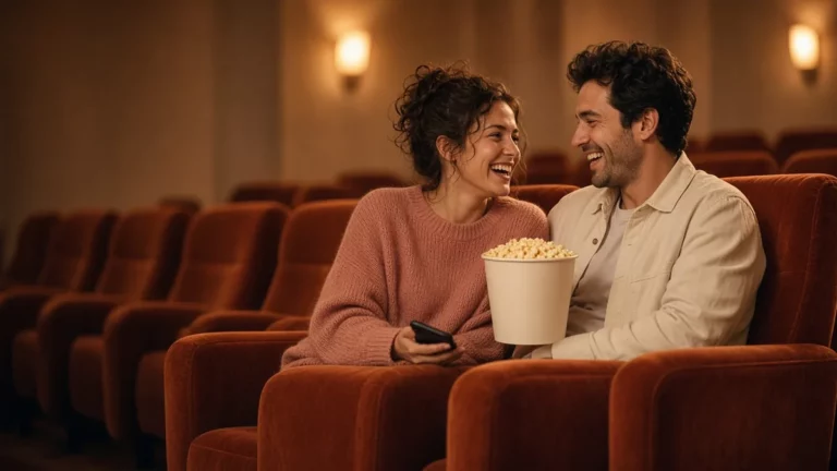 Couple laughing in velvet cinema seats sharing popcorn, a phone in her hand, a shared-experience gift for a new relationship in the UK