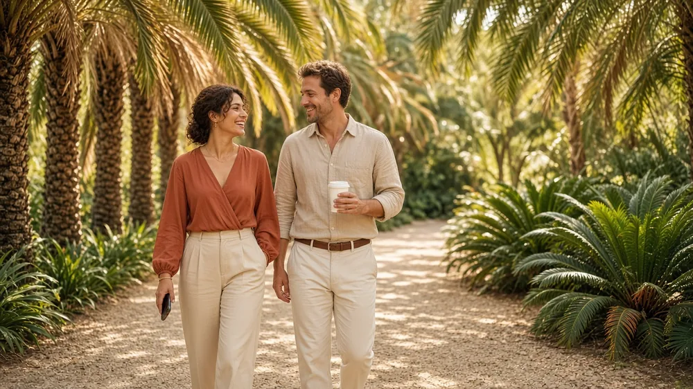 Two adults on a relaxed daytime first date walking along a palm-lined path in a subtropical botanical garden, a real connection from a South African dating app