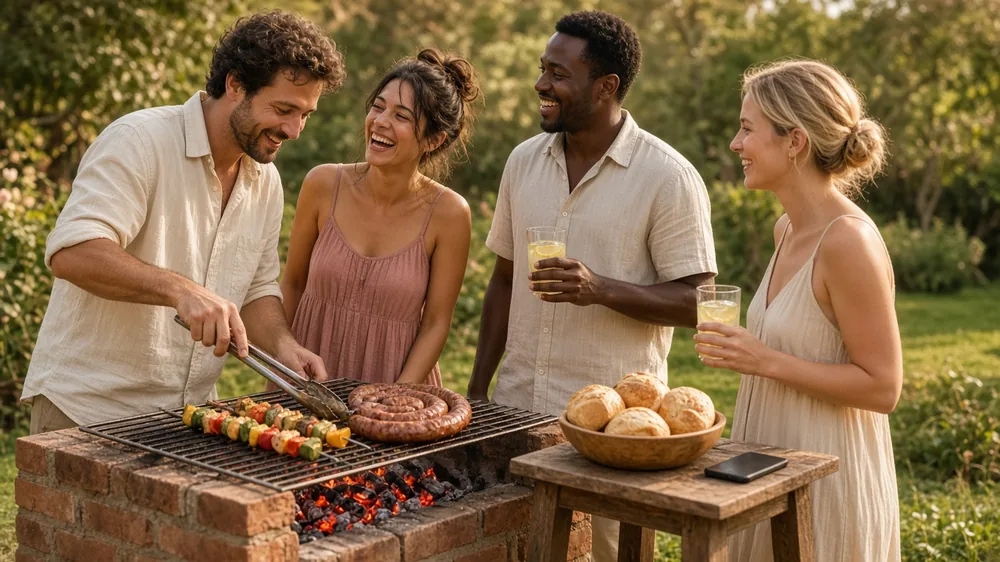 Friends laughing around a braai in a South African garden at dusk, the kind of relaxed weekend plan a good dating-app chat can lead to