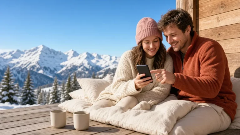 Couple on a sunny alpine chalet deck with snowy peaks behind, planning a winter trip together on her phone