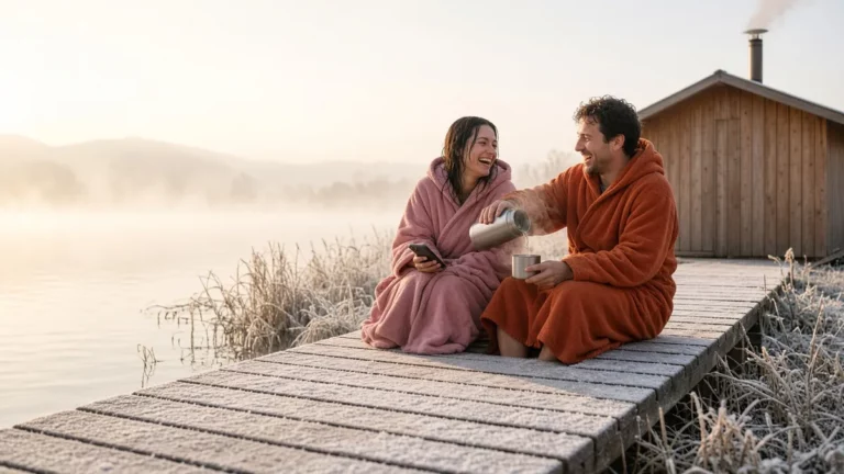 Couple in robes on a frosty lakeside jetty by a wooden sauna cabin, sharing a flask as she holds a phone