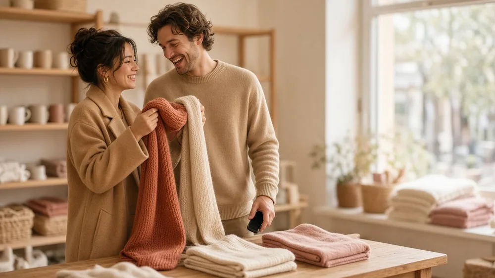 Two adults in a bright homeware shop comparing two knitted scarves, one checking a phone, shopping smart for a first gift in the UK