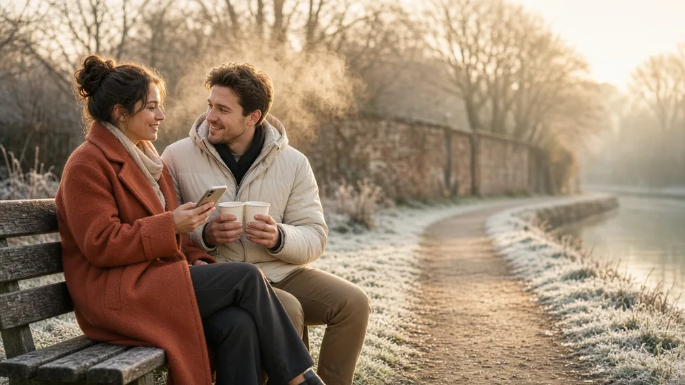 Couple on a frosty canal towpath bench with takeaway cups, looking at a phone together while planning their festive budget