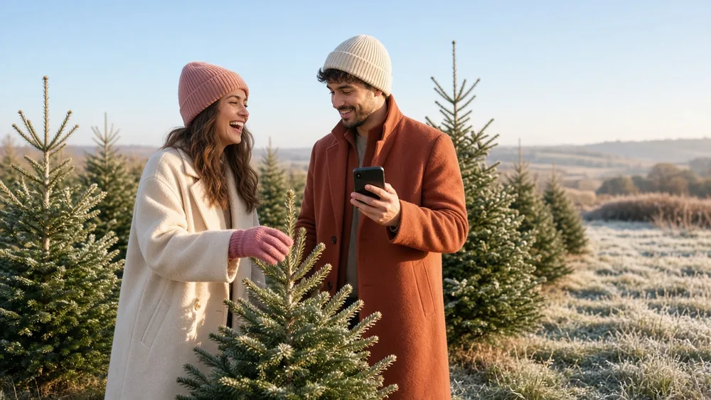 Couple choosing a small fir tree between rows of Christmas trees at an open-air farm in winter sun, with a phone