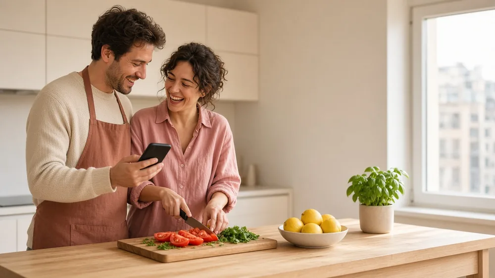 Couple cooking in a bright kitchen, she laughs while slicing tomatoes and herbs as he shows her a recipe on his phone