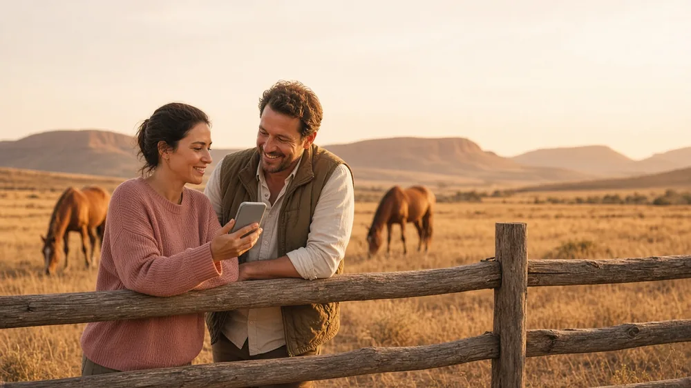 Couple leaning on a rustic wooden paddock fence on a dry farm at golden hour, horses grazing behind, one showing a phone