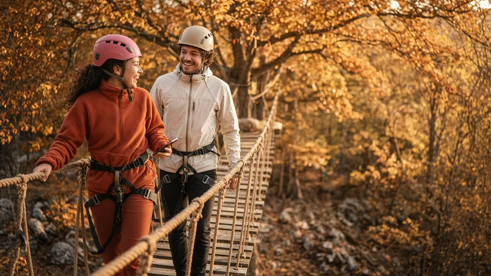 Two adults in harnesses laughing on a treetop rope bridge in autumn woodland, an experience gift for a new couple
