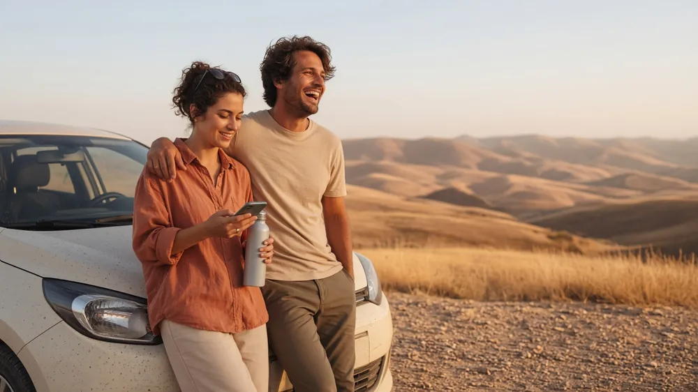 Couple leaning on a parked car above rolling golden hills on a summer road trip, a new relationship heading home for the holidays