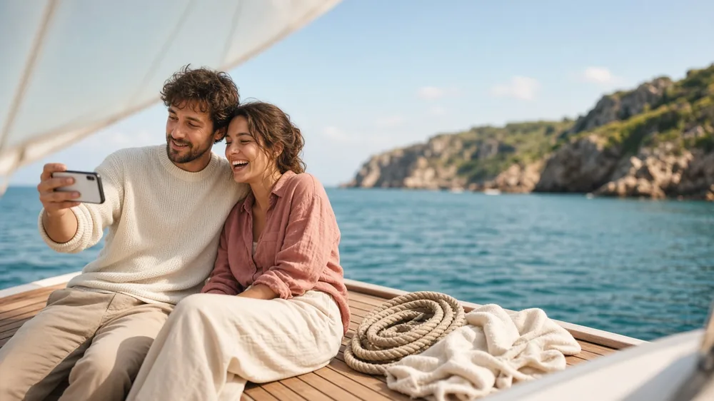 Couple relaxing on the wooden deck of a small sailing boat in a calm sunny bay, he holds up his phone as they laugh together