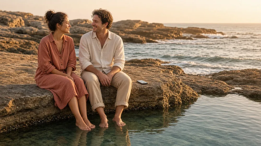 Couple sitting on the edge of a rock-lined ocean tidal pool at golden hour in South Africa, a phone beside them, a local summer date