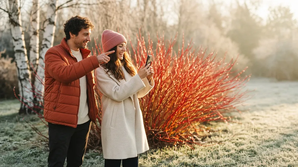 Couple in a frosty winter garden among bright red and orange dogwood stems, he points as she takes a photo on her phone