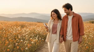 Couple walking hand in hand through a field of orange wild daisies below soft mountains in late-afternoon sun, one holding a phone