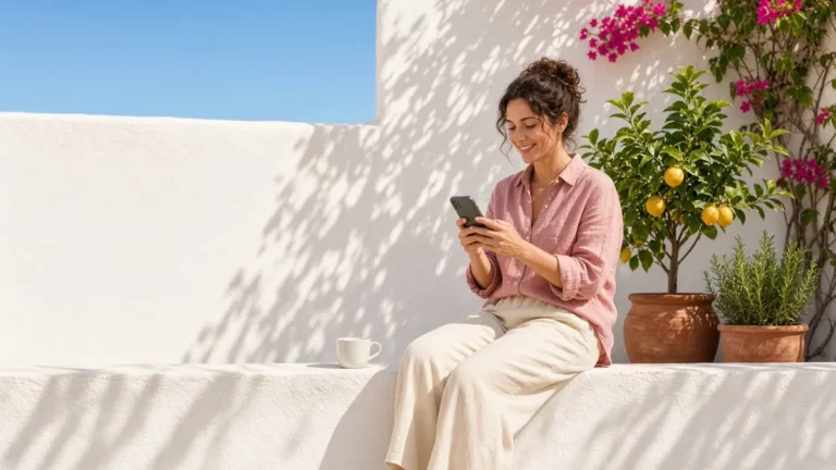 Smiling woman in a sunlit courtyard with a lemon tree and terracotta pots, confidently checking a dating profile on her phone