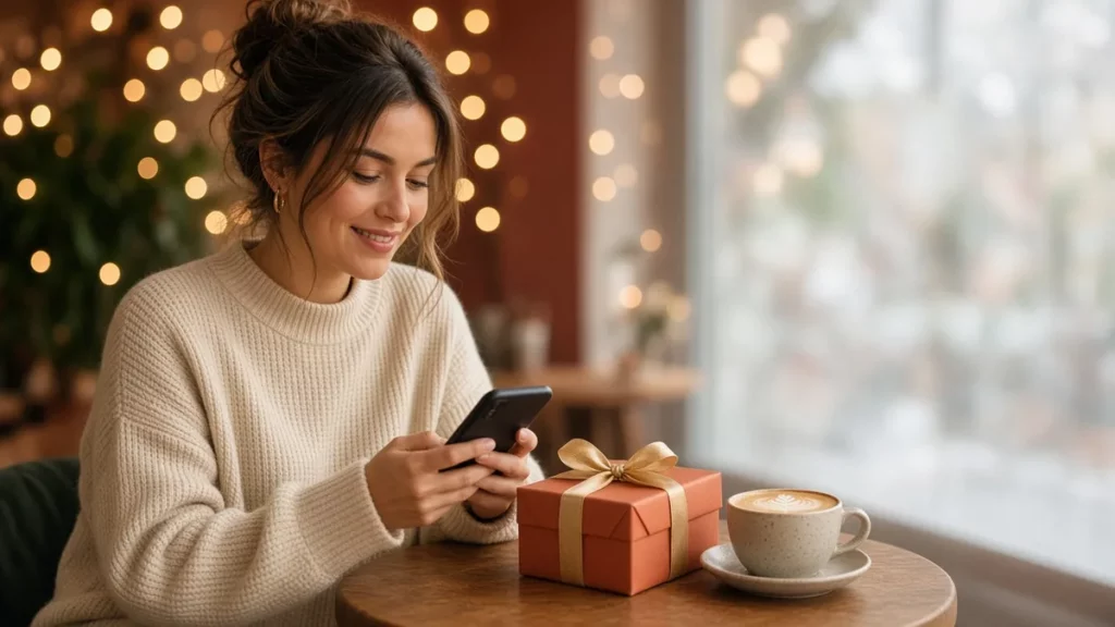 Woman smiling at her phone in a café with Christmas fairy lights and a small wrapped gift, browsing the best dating apps 2026