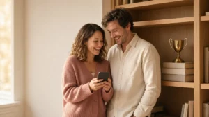 Smiling couple by a bookshelf with a small brass trophy ornament, checking a phone together while comparing dating apps with the best success rates in 2026