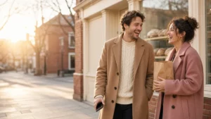 Two adults chatting outside a neighbourhood bakery on a sunny winter afternoon, one holding a phone, meeting local singles at Christmas