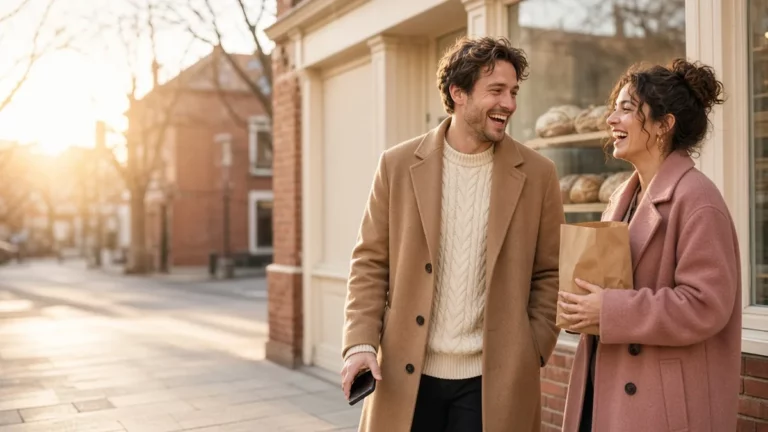 Two adults chatting outside a neighbourhood bakery on a sunny winter afternoon, one holding a phone, meeting local singles at Christmas