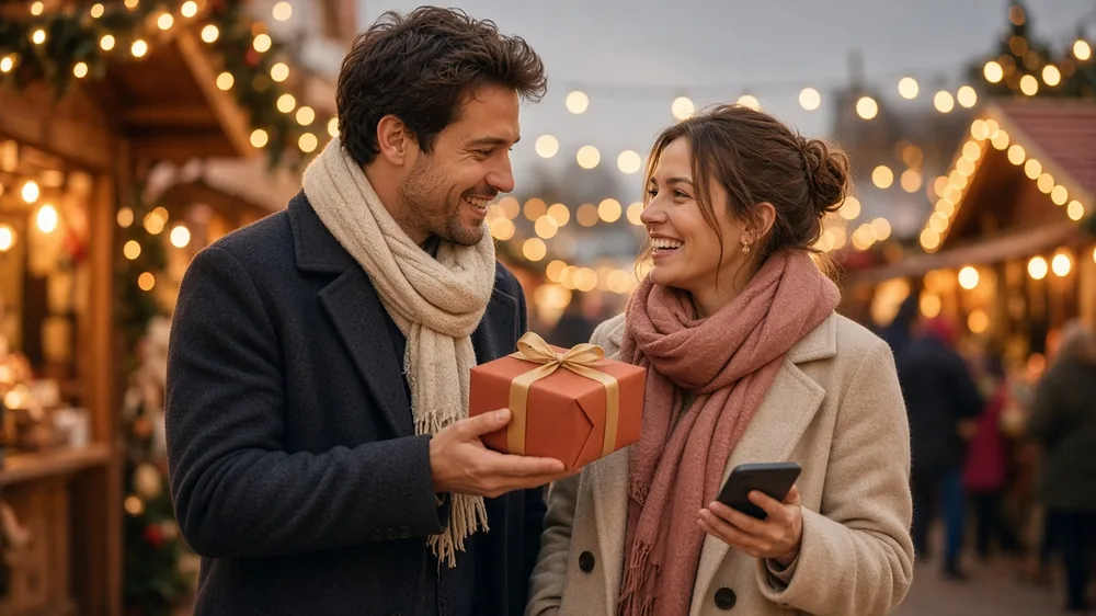 Couple on a festive first date at a Christmas market exchanging a small gift after meeting on one of the best dating apps 2026