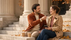 First-date couple on sunlit stone museum steps in autumn with takeaway coffees, he offers her chocolate as she holds a phone
