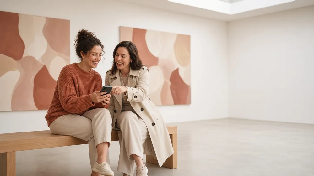 Two friends on a bench in a bright art gallery, one showing the other her phone while they weigh up a dating app upgrade