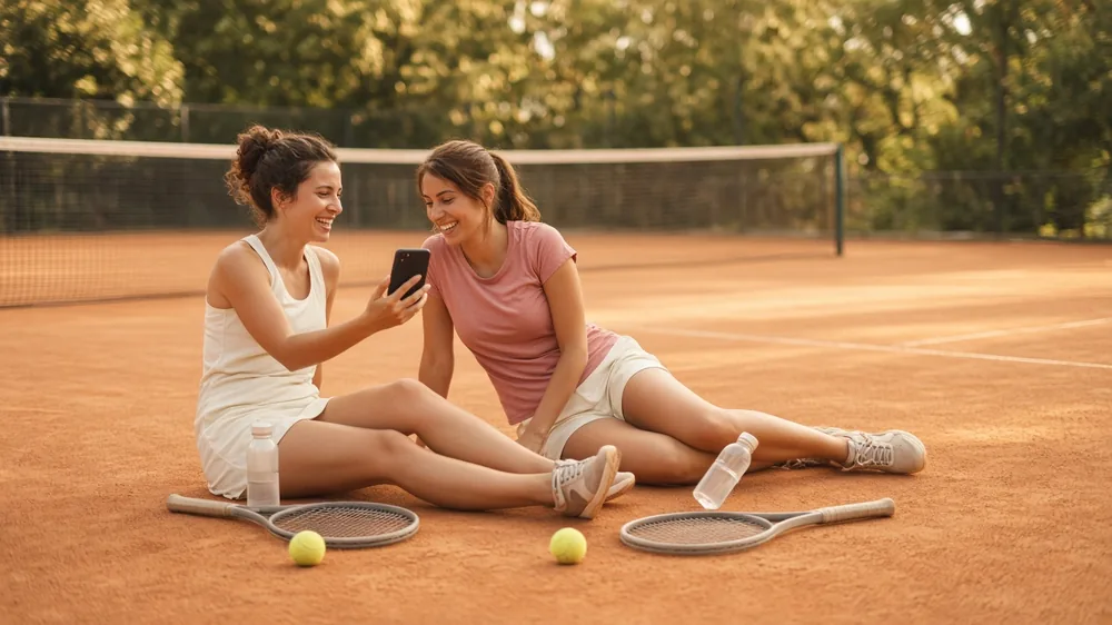 Two women friends resting on a clay tennis court in the sun, one shows the other a profile on her phone as they laugh