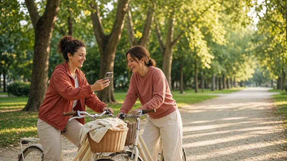 Two friends pausing their bicycles on a sunny tree-lined park path, one showing the other something on her phone