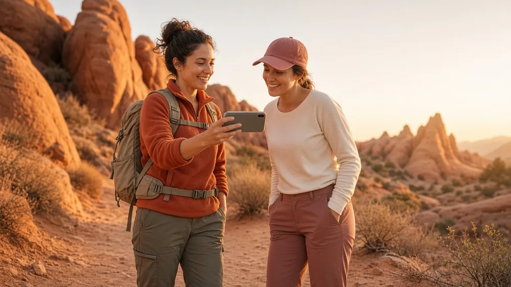 Two women friends pausing on a red-rock desert hiking trail at golden hour, one showing the other something on her phone