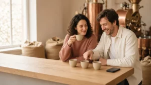 Two adults at a coffee roastery tasting counter comparing three small cups, a phone face down beside them, choosing between Hinge, Tinder and Bumble in the UK
