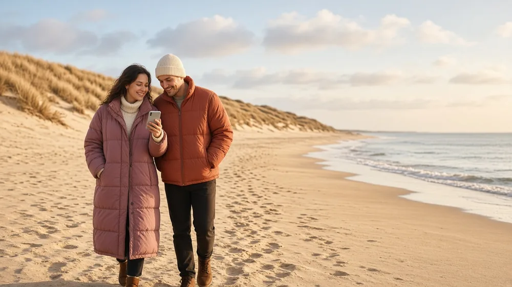 Man and woman walking on a wide sandy beach with grassy dunes in winter sunshine, she shows him her phone