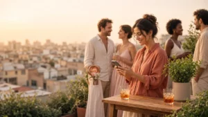 Adults chatting on a lively city rooftop terrace at golden hour, one woman glancing at her phone, illustrating the most active dating apps right now in 2026