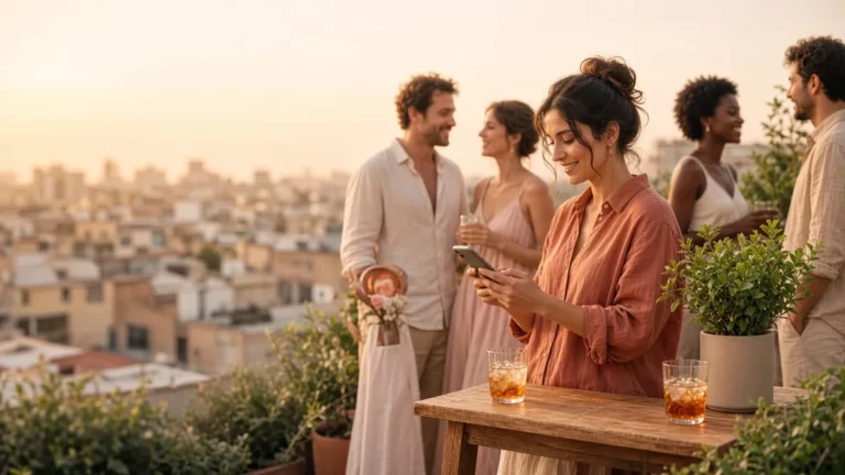 Adults chatting on a lively city rooftop terrace at golden hour, one woman glancing at her phone, illustrating the most active dating apps right now in 2026