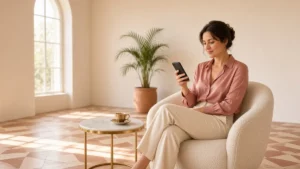 Woman in a sunlit art deco hotel lounge with a gold-rimmed espresso cup, weighing up a premium dating app on her phone