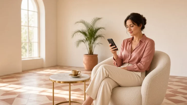 Woman in a sunlit art deco hotel lounge with a gold-rimmed espresso cup, weighing up a premium dating app on her phone