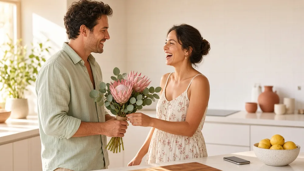 Man handing a woman a small bouquet of pink proteas in a sunny kitchen, a thoughtful early gift in a new serious relationship that began on a dating site