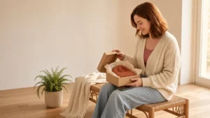 Smiling woman opening a small plain parcel on a rattan bench in a bright entrance hall, phone in her other hand