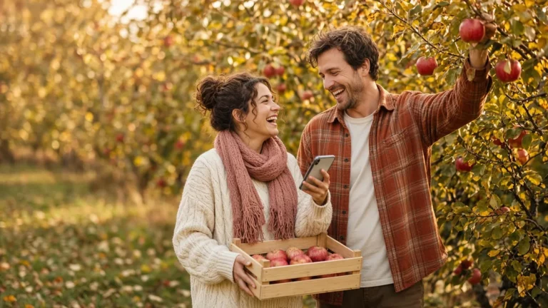 Couple laughing in a sunny autumn orchard, she holds a wooden crate of red apples as he shows her his phone and picks an apple