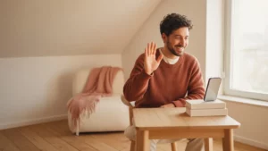 Man waving at his phone, propped at eye level on a stack of books, during a video date in a sunlit attic room