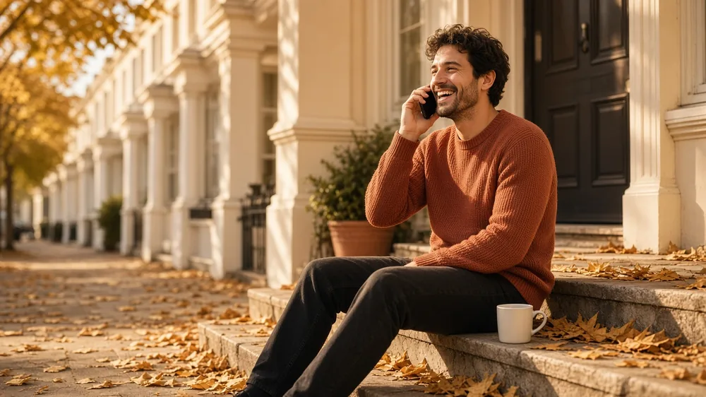 Man laughing on a voice call while sitting on the front steps of a terraced house on an autumn afternoon, a live chat before the first date
